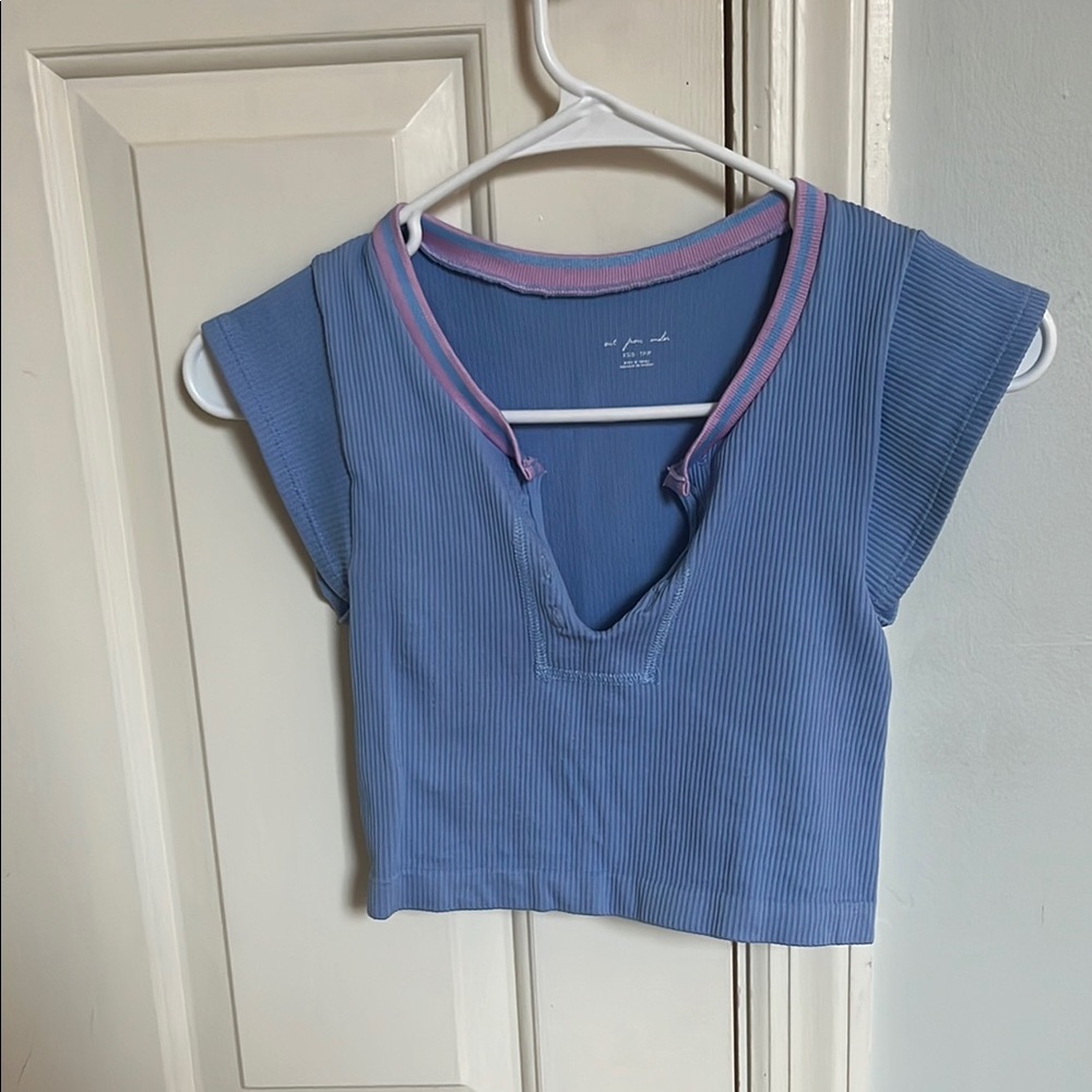 Blue Ribbed V-Neck Women's Top